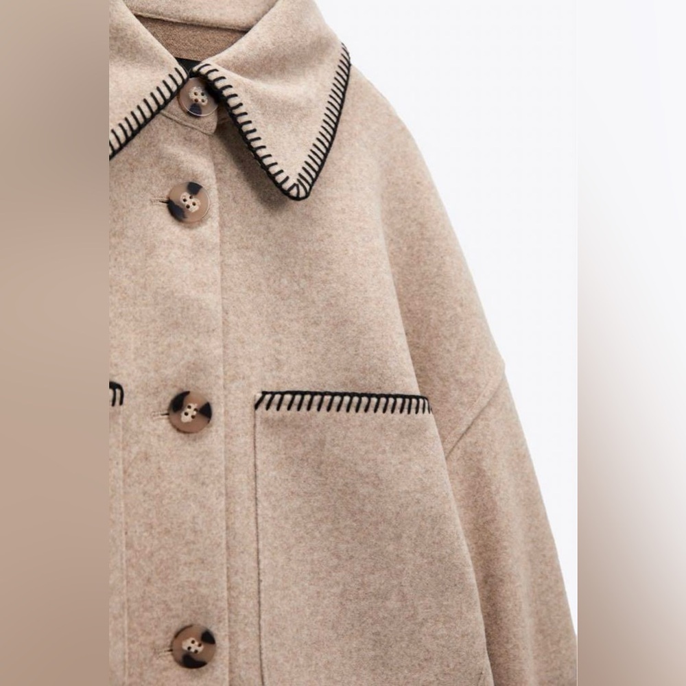 Zara NWT beige tan oversized button front stitched shacket - Picture 8 of 16